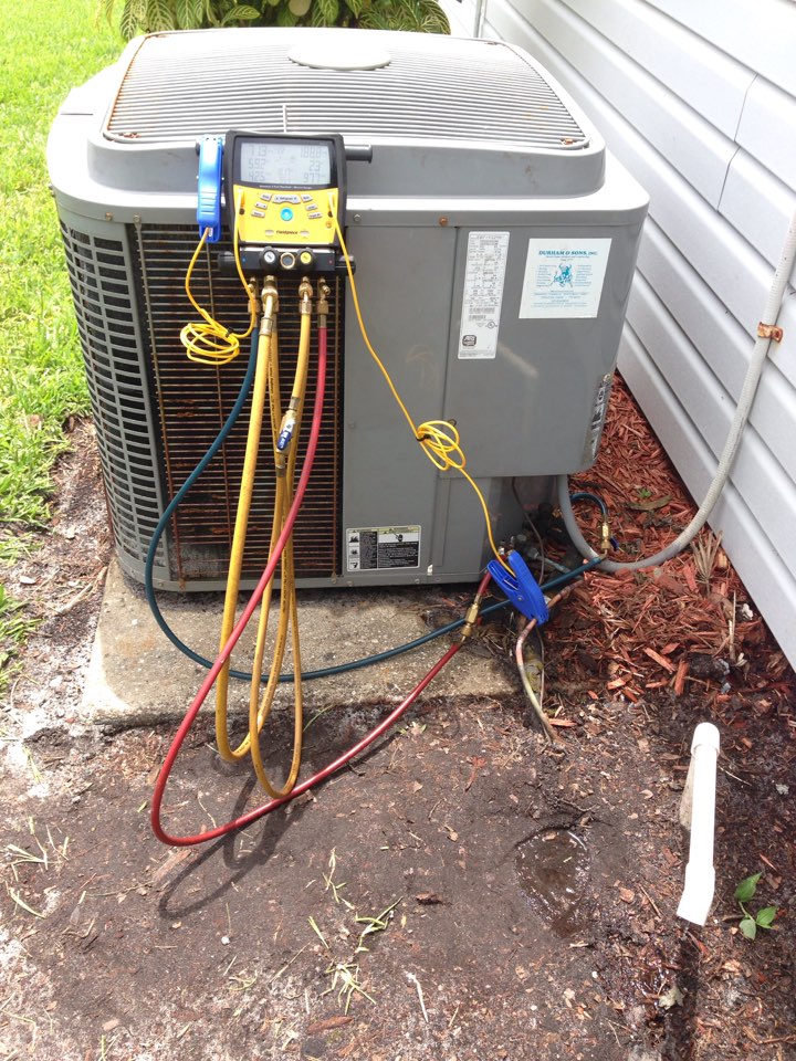 Air conditioning service call and repair. Perform leak search and repair on 3-ton ICP condenser with leaking filter dryer.