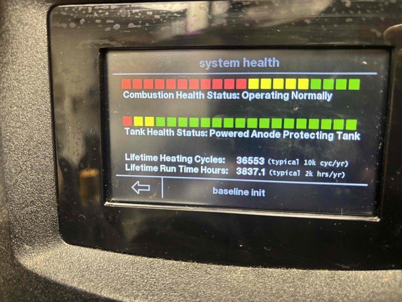Decatur, GA - Diagnosed water heater control system reporting high temperature readings and shutoff issues. Accessed system diagnostics display which showed normal combustion health status and proper tank protection via powered anode. System lifetime statistics (36,553 heating cycles, 3,837.1 run hours) indicate unit is functioning within expected parameters despite customer-reported temperature concerns. Decatur, GA - Diagnosed water heater control system reporting high temperature readings and shutoff issues. Accessed system diagnostics display which showed normal combustion health status and proper tank protection via powered anode. System lifetime statistics (36,553 heating cycles, 3,837.1 run hours) indicate unit is functioning within expected parameters despite customer-reported temperature concerns.
