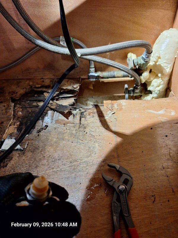 Replaced faulty shutoff valves under kitchen and primary bathroom that were not fully closing. Identified and cleared blockage in water supply line to primary bathroom faucet, restoring proper water flow. Observed damaged wooden structure and corrosion at copper pipe connections during service. Replaced faulty shutoff valves under kitchen and primary bathroom that were not fully closing. Identified and cleared blockage in water supply line to primary bathroom faucet, restoring proper water flow. Observed damaged wooden structure and corrosion at copper pipe connections during service.