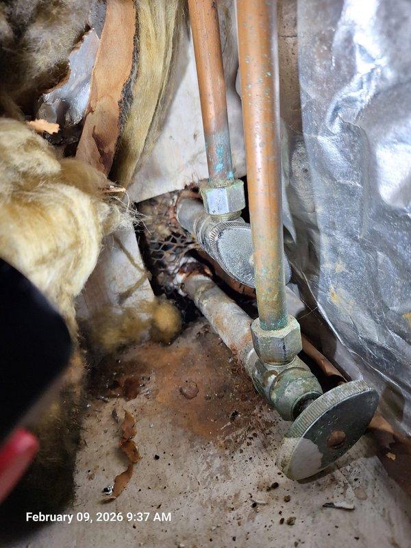 Replaced faulty shutoff valves under kitchen and primary bathroom that were not fully closing. Identified and cleared blockage in water supply line to primary bathroom faucet, restoring proper water flow. Observed damaged wooden structure and corrosion at copper pipe connections during service. Replaced faulty shutoff valves under kitchen and primary bathroom that were not fully closing. Identified and cleared blockage in water supply line to primary bathroom faucet, restoring proper water flow. Observed damaged wooden structure and corrosion at copper pipe connections during service.
