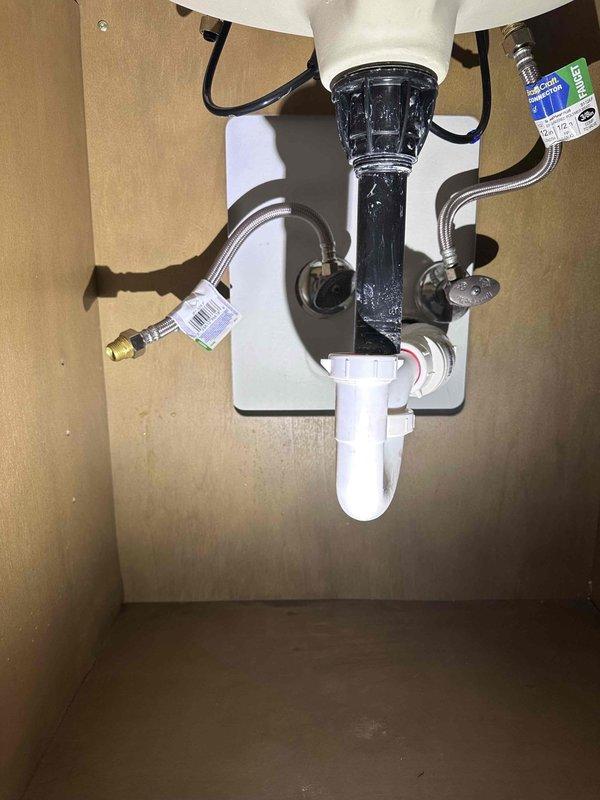 Conducted free estimate for reported water shutoff due to possible pipe burst. Inspection of plumbing fixtures revealed a properly installed sink assembly with functional P-trap, drain pipe, and supply lines. No evidence of leaks, bursts, or damage was observed in the newly installed or well-maintained plumbing components. Conducted free estimate for reported water shutoff due to possible pipe burst. Inspection of plumbing fixtures revealed a properly installed sink assembly with functional P-trap, drain pipe, and supply lines. No evidence of leaks, bursts, or damage was observed in the newly installed or well-maintained plumbing components.