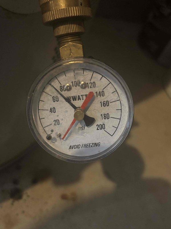 Inspected leaking toilet and identified high water pressure (100-110 PSI) as the cause of the leak, as shown by gauge readings. Adjusted pressure regulator to recommended levels and verified proper toilet operation with no further leakage. Inspected leaking toilet and identified high water pressure (100-110 PSI) as the cause of the leak, as shown by gauge readings. Adjusted pressure regulator to recommended levels and verified proper toilet operation with no further leakage.