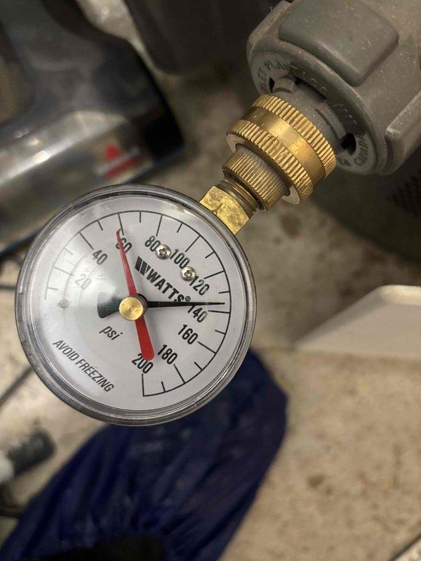 Diagnosed and replaced leaking hose bib TP. Copper supply plumbing appeared functional with signs of previous water damage on surrounding wall. Pressure gauge reading confirmed system now operating at approximately 20-30 PSI within normal parameters. Diagnosed and replaced leaking hose bib TP. Copper supply plumbing appeared functional with signs of previous water damage on surrounding wall. Pressure gauge reading confirmed system now operating at approximately 20-30 PSI within normal parameters.