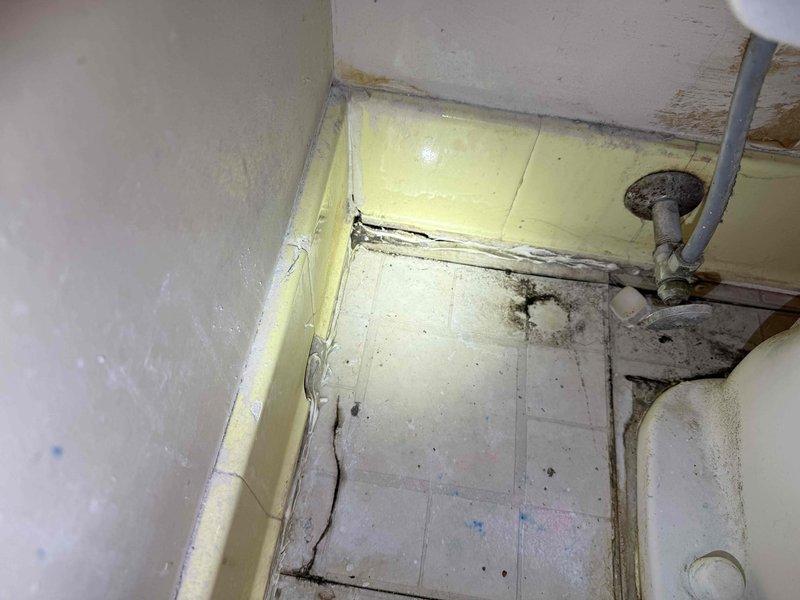 Conducted follow-up inspection of customer's property following restoration company's wall opening. Documented extensive water damage, including structural cracking in wainscoting, floor tile deterioration, and black mold growth at wall-floor junctions. Identified accessible leaking pipe through the opened wall section and assessed internal toilet components requiring replacement. Conducted follow-up inspection of customer's property following restoration company's wall opening. Documented extensive water damage, including structural cracking in wainscoting, floor tile deterioration, and black mold growth at wall-floor junctions. Identified accessible leaking pipe through the opened wall section and assessed internal toilet components requiring replacement.