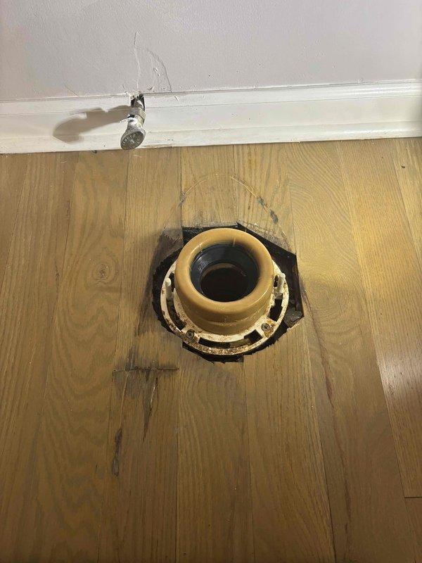 Identified water damage around toilet base caused by failed wax ring. Removed toilet, replaced damaged flange and wax ring, then reinstalled toilet with new bolts and properly sealed base to prevent future leakage. Identified water damage around toilet base caused by failed wax ring. Removed toilet, replaced damaged flange and wax ring, then reinstalled toilet with new bolts and properly sealed base to prevent future leakage.