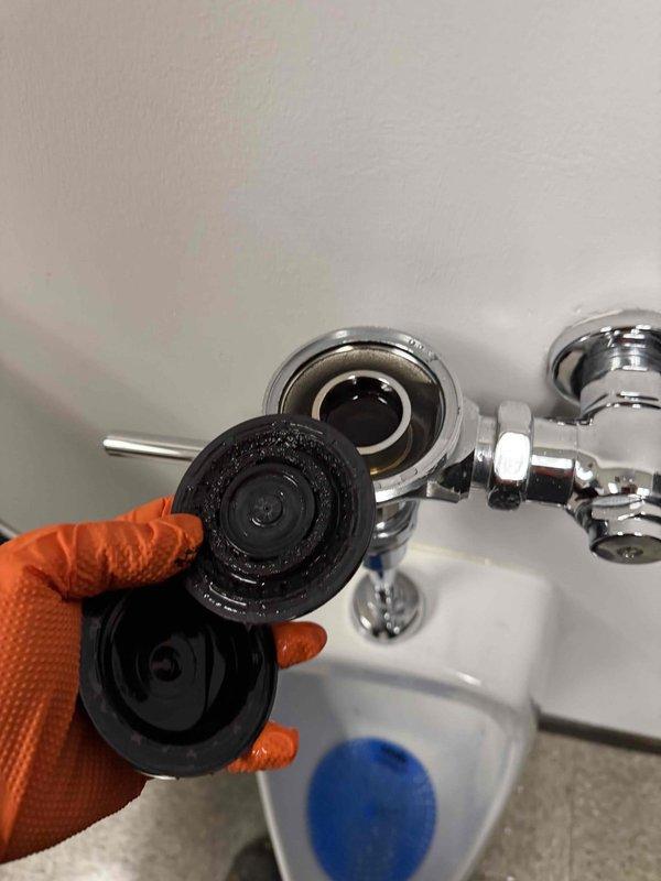 Replaced worn flushometer components on urinal fixture. Removed existing valve assembly, installed new parts, and verified proper operation of the flush mechanism. All connections were secured and tested to ensure no leaks in the chrome plumbing assembly. Replaced worn flushometer components on urinal fixture. Removed existing valve assembly, installed new parts, and verified proper operation of the flush mechanism. All connections were secured and tested to ensure no leaks in the chrome plumbing assembly.