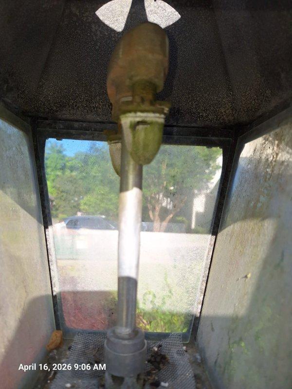 Performed estimate for conversion of existing gas lantern fixture to fishtail burner style. Inspected current lantern assembly and documented condition, noting significant accumulation of debris, algae growth, and corrosion on interior components including burner assembly and mesh screen. Assessed fixture housing with heavily soiled glass panels requiring cleaning. Provided customer with specifications and requirements for fishtail burner conversion, including necessary parts replacement of existing burner tip, mantle assembly, and deteriorated mesh screen components. Performed estimate for conversion of existing gas lantern fixture to fishtail burner style. Inspected current lantern assembly and documented condition, noting significant accumulation of debris, algae growth, and corrosion on interior components including burner assembly and mesh screen. Assessed fixture housing with heavily soiled glass panels requiring cleaning. Provided customer with specifications and requirements for fishtail burner conversion, including necessary parts replacement of existing burner tip, mantle assembly, and deteriorated mesh screen components.
