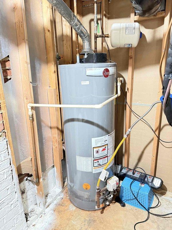 Replaced leaking 50-gallon gas water heater in basement utility area. Removed old unit showing significant corrosion on copper piping and connections, installed new water heater with proper venting, gas line connections, expansion tank, and all required safety valves and fittings per manufacturer specifications and local code requirements. Replaced leaking 50-gallon gas water heater in basement utility area. Removed old unit showing significant corrosion on copper piping and connections, installed new water heater with proper venting, gas line connections, expansion tank, and all required safety valves and fittings per manufacturer specifications and local code requirements.