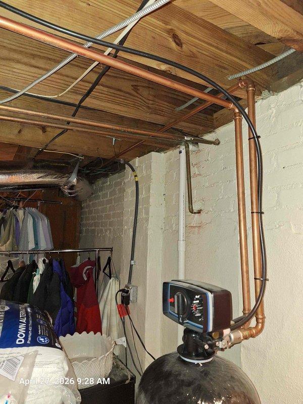 Conducted site evaluation for Flologic water shut-off system installation in basement utility area with exposed plumbing infrastructure. Assessed existing copper water supply lines, identified optimal installation location near main water line and water treatment equipment. Evaluated slow-draining shower condition, performed pressure testing of plumbing system to rule out pressure-related drainage issues. Documented existing mechanical systems including water softener setup and distribution piping configuration to determine compatibility with automatic shut-off valve installation. Conducted site evaluation for Flologic water shut-off system installation in basement utility area with exposed plumbing infrastructure. Assessed existing copper water supply lines, identified optimal installation location near main water line and water treatment equipment. Evaluated slow-draining shower condition, performed pressure testing of plumbing system to rule out pressure-related drainage issues. Documented existing mechanical systems including water softener setup and distribution piping configuration to determine compatibility with automatic shut-off valve installation.