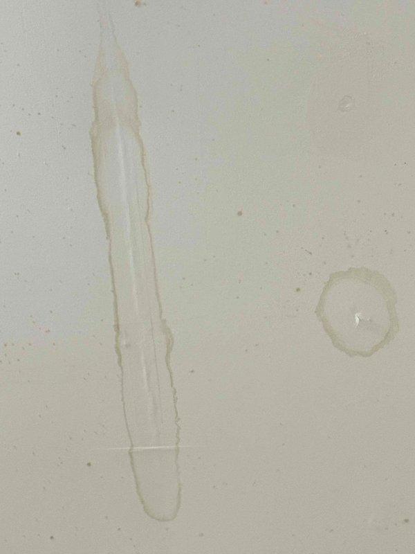 Responded to water intrusion complaint with visible ceiling stains located directly below jetted tub installation. Upon inspection, identified compromised seal at tub drain assembly with flexible supply hose showing signs of moisture exposure. Documented existing water damage to ceiling drywall and traced leak source to improperly seated drain connection at tub fixture base, recommending immediate repair of drain gasket and monitoring of affected ceiling area for further deterioration.