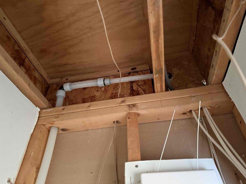 Completed water service replacement as specified in approved quote. Installed new PVC water service piping through interior structural framing, routing pipes vertically through floor/ceiling assembly. Work included accessing exposed framing cavities, securing new water service lines, and ensuring proper pipe placement through building structure. All plumbing installation completed according to code requirements. Completed water service replacement as specified in approved quote. Installed new PVC water service piping through interior structural framing, routing pipes vertically through floor/ceiling assembly. Work included accessing exposed framing cavities, securing new water service lines, and ensuring proper pipe placement through building structure. All plumbing installation completed according to code requirements.