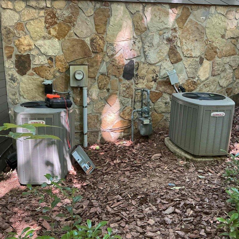 Responded to service call for upstairs unit not operating properly. Performed comprehensive tune-up and maintenance on all three HVAC systems: indoor Lennox furnace unit located in utility closet and two outdoor Lennox air conditioning condensers positioned at exterior stone wall. Conducted full system diagnostics on upstairs unit, inspected and cleaned all equipment, checked refrigerant levels and pressures, verified electrical connections, tested thermostat operations, examined ductwork and airflow, and ensured all units were operating within manufacturer specifications. All systems tested and confirmed operational upon completion. Responded to service call for upstairs unit not operating properly. Performed comprehensive tune-up and maintenance on all three HVAC systems: indoor Lennox furnace unit located in utility closet and two outdoor Lennox air conditioning condensers positioned at exterior stone wall. Conducted full system diagnostics on upstairs unit, inspected and cleaned all equipment, checked refrigerant levels and pressures, verified electrical connections, tested thermostat operations, examined ductwork and airflow, and ensured all units were operating within manufacturer specifications. All systems tested and confirmed operational upon completion.