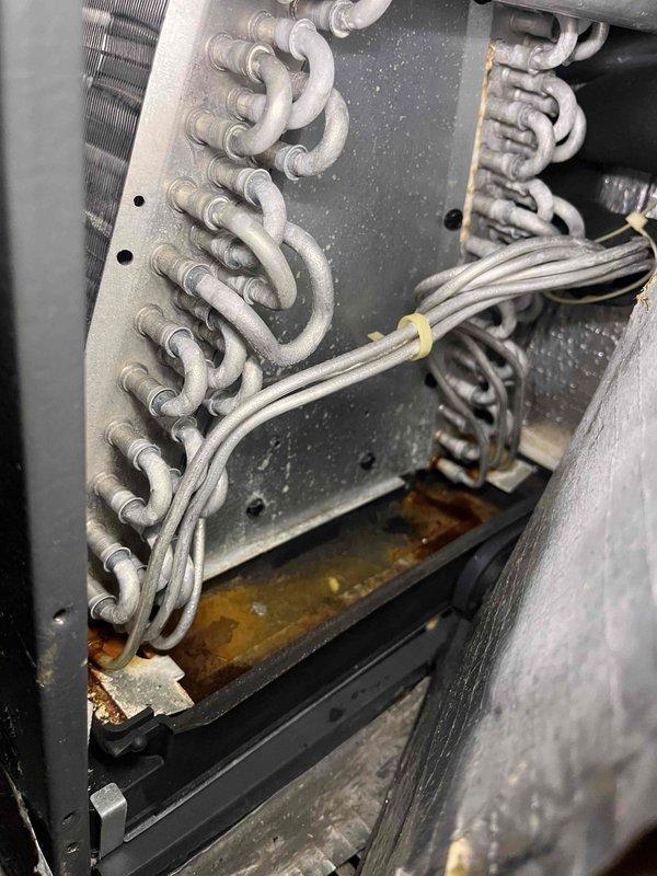Completed comprehensive maintenance inspection on two HVAC systems for property with no prior service history since occupancy. Outdoor condensing unit inspection revealed disorganized low-voltage wiring on top of equipment requiring attention, with unit positioned on concrete pad showing typical outdoor weathering. Indoor air handler examination identified significant rust-colored condensate accumulation in drain pan beneath evaporator coil assembly, indicating potential drainage issue or biological growth requiring monitoring. Heat exchanger coils and serpentine tubing inspected and found intact with normal operational wear. All accessible components evaluated for proper function and age-related deterioration.