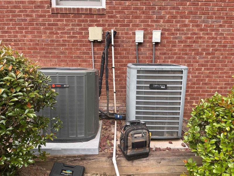 Completed complimentary tune-up service on two outdoor air conditioning condenser units located at residential property. Performed standard preventive maintenance procedures on both systems, including inspection of electrical connections, refrigerant levels, condenser coil cleaning, and verification of proper operation for all components to ensure optimal performance for the cooling season.