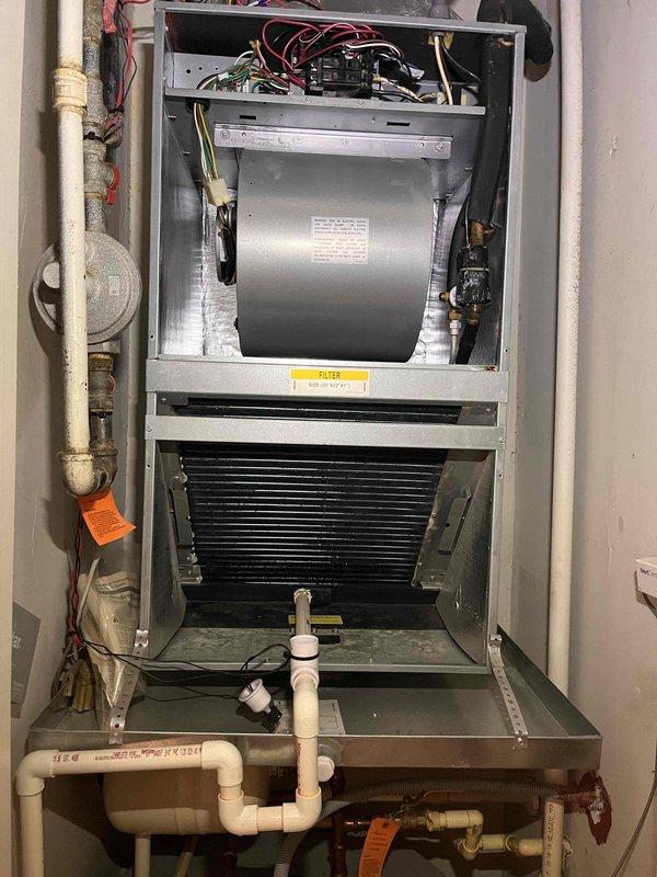 Completed complimentary system tune-up on residential HVAC unit. Performed comprehensive inspection of furnace and air handler assembly, including control board wiring connections, blower motor operation, evaporator coil condition, and condensate drainage system. All components found operating within normal parameters; system returned to service with no issues identified.