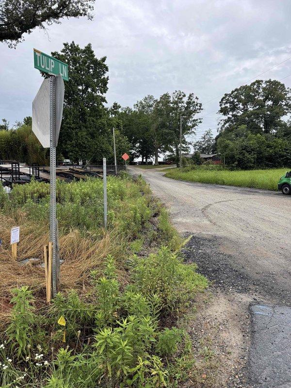 Completed water service estimate for new meter installation requiring approximately 1,100 feet of service line. Surveyed property access route from street intersection at Tulip Lane to installation location, documenting existing conditions including gravel driveway, mature tree canopy coverage, and mixed terrain with exposed soil and grass areas. No traffic control requirements identified for this project scope.