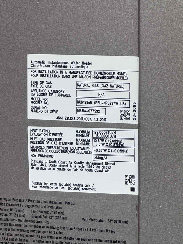 Conducted on-site estimate for installation of customer-supplied toilet, replacement of temperature and pressure relief valve on Rinnai tankless water heater (Model RUR199iN), and whole house water filtration system. Inspected existing tankless unit mounted in basement utility area, documented current installation specifications including 199,000 BTU/H maximum input rating and natural gas configuration, and assessed accessibility for T&P valve replacement. Evaluated basement plumbing infrastructure and available space for whole house filter installation near main water supply line. Photographed equipment specifications and work area conditions to provide accurate material and labor estimates for all requested installations.