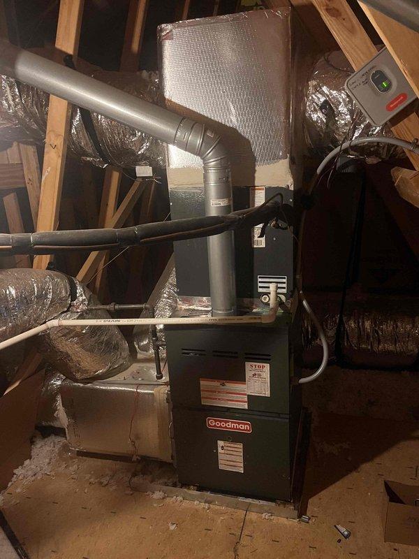 Completed comprehensive HVAC maintenance on Goodman furnace system located in attic space. Performed full system inspection including furnace unit, air handler, ductwork, electrical connections, and condensate drain lines. All components found operating within normal parameters, filters checked, and system confirmed ready for continued service.