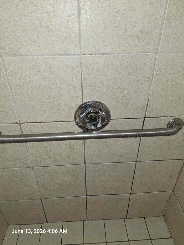Completed approved quote work at property accessed via lockbox code 6824. Interior bathroom inspection and documentation performed, including detailed assessment of tiled shower enclosure with chrome fixtures and grab bar installation. Exterior site work documented, focusing on concrete pathway conditions, embedded access panels, and surrounding landscape areas with wood chip mulch and grass borders.