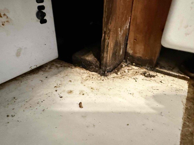 Responded to water leak behind stove. Upon inspection, found water damage and debris accumulation on flooring in corner area where appliance meets wall. Identified source of leak, performed necessary repairs to stop water intrusion. Cleaned affected area and documented existing conditions including staining on floor tiles, wall discoloration, and baseboard damage. Verified leak was resolved and area was properly dried to prevent further water damage or mold growth.