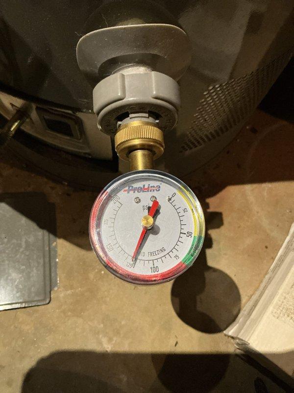 Responded to service call for water heater with pilot light that would not stay lit. Upon inspection, determined thermocouple was faulty and preventing proper flame sensing. Customer waived thermocouple replacement at this time. Verified pressure gauge readings and documented current system condition with photos for service records.