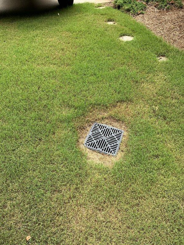 Responded to clogged drain service call for backyard and side yard drainage systems suspected of root intrusion. Inspected square metal drainage grates in lawn area and patio, accessing underground drainage components through utility access panel. Assessed condition of drain lines and documented existing blockages caused by root infiltration in outdoor drainage system.