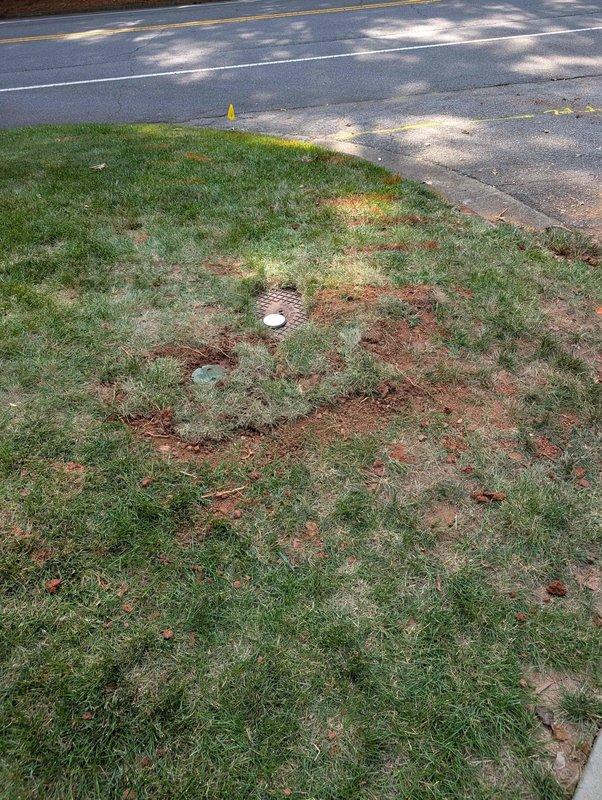 Completed site assessment and documentation of water meter assembly requiring replacement. Photographed heavily corroded meter installation showing significant rust deterioration, root intrusion, and accumulated debris in underground utility vault. Documented roadside drainage area with municipal grate system adjacent to paved surface. Utility locate request submitted per 811 requirements prior to excavation work.