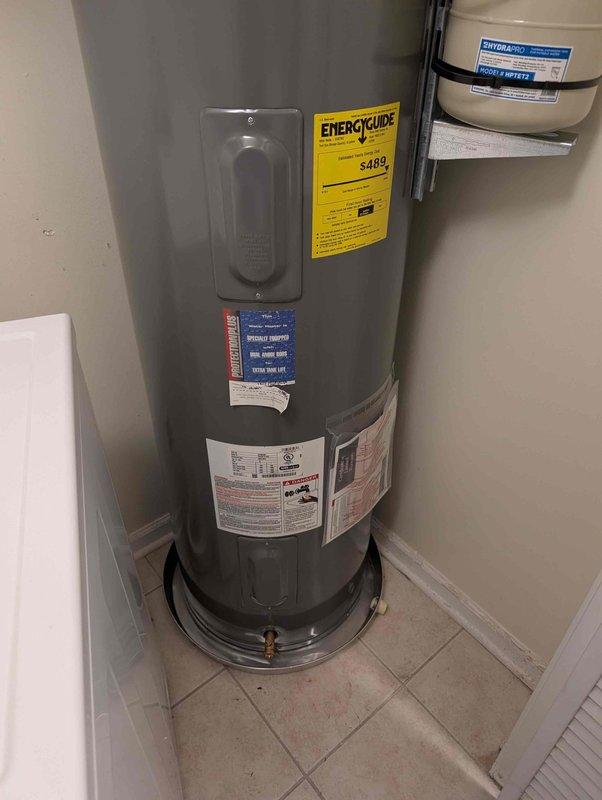 Replaced aging 50-gallon electric water heater from 2009 with new unit, including all necessary connections and expansion tank installation. Freed seized hot and cold water supply lines to washing machine, restoring proper function and allowing appliance accessibility for future service or replacement. Replaced aging 50-gallon electric water heater from 2009 with new unit, including all necessary connections and expansion tank installation. Freed seized hot and cold water supply lines to washing machine, restoring proper function and allowing appliance accessibility for future service or replacement.