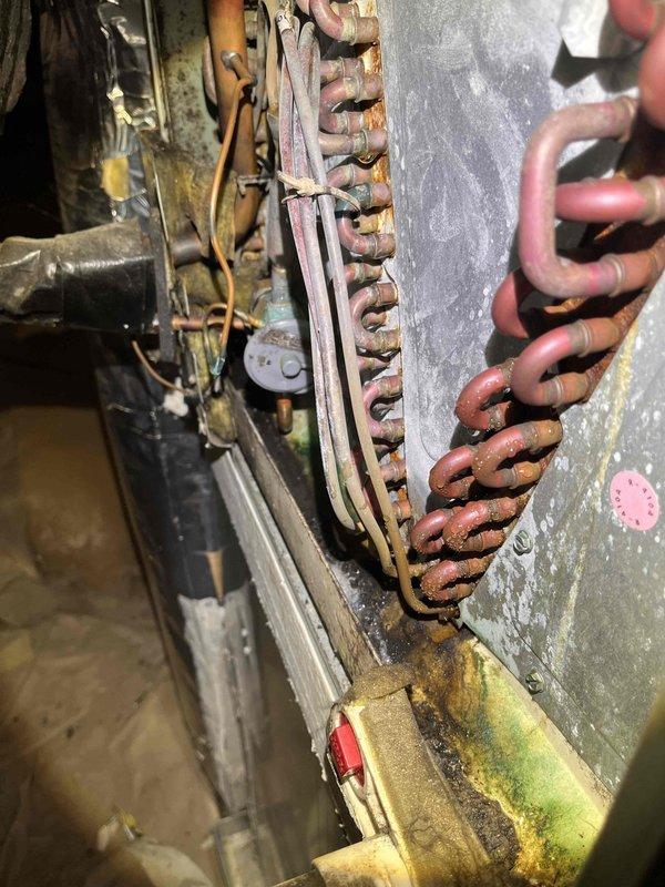 Responded to no cooling complaint with indoor temperature reaching 80 degrees. Inspected residential HVAC system including furnace unit and evaporator coil assembly. Found aged copper refrigerant lines showing significant oxidation and patina buildup, along with general dust accumulation on equipment. Airflow confirmed through vents but inadequate cooling performance observed. Documented existing equipment condition including ductwork connections, refrigerant line configuration, and overall system installation in basement mechanical room for further diagnostic evaluation and repair recommendations.