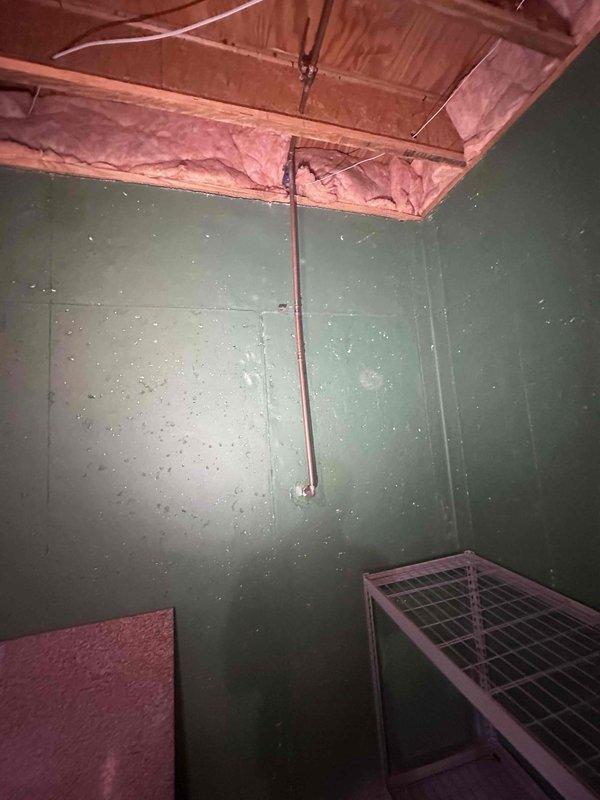 Responded to customer report of high water usage identified by county as originating from service line. Conducted thorough inspection of premises to locate source of leak. Inspected interior utility space with exposed ceiling joists and plumbing infrastructure, examining vertical copper supply line running from ceiling along wall corner for signs of moisture, corrosion, or active leaking. Proceeded to exterior inspection of property grounds where service line enters building. Located and examined buried metal service line partially exposed in soil among accumulated debris and vegetation. Assessed condition of exterior piping for visible deterioration, corrosion, or compromised sections that could result in water loss. Documented findings with photographic evidence of both interior plumbing system and exterior service line condition for customer records and potential follow-up repairs.