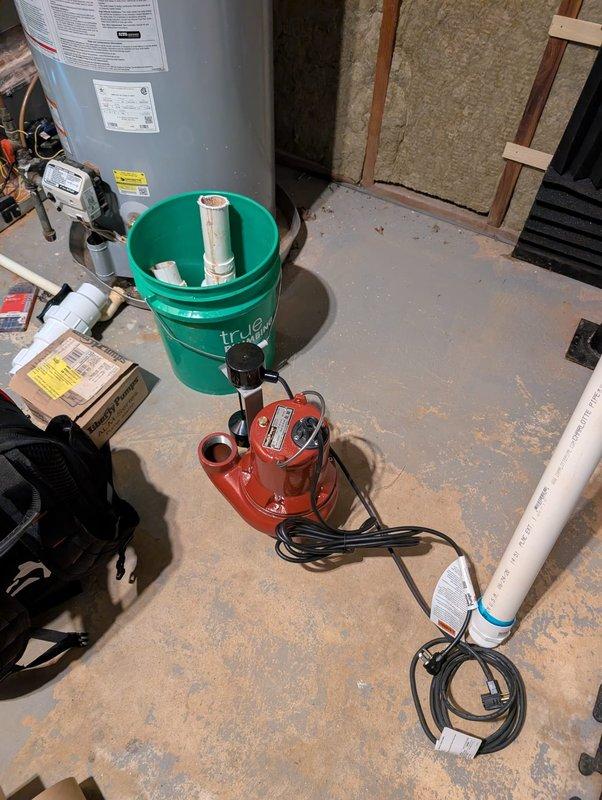 Responded to emergency leak call with water main shut off to property. Upon arrival, identified failed sump pump system in basement utility area. Removed defective pump unit from pit and installed replacement sump pump with new discharge piping. Tested system operation and verified proper float switch function and discharge flow. Restored water service to home and confirmed no active leaks present. System returned to normal operation. Responded to emergency leak call with water main shut off to property. Upon arrival, identified failed sump pump system in basement utility area. Removed defective pump unit from pit and installed replacement sump pump with new discharge piping. Tested system operation and verified proper float switch function and discharge flow. Restored water service to home and confirmed no active leaks present. System returned to normal operation.