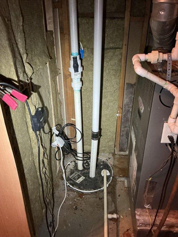 Responded to emergency leak call with water main shut off to property. Upon arrival, identified failed sump pump system in basement utility area. Removed defective pump unit from pit and installed replacement sump pump with new discharge piping. Tested system operation and verified proper float switch function and discharge flow. Restored water service to home and confirmed no active leaks present. System returned to normal operation. Responded to emergency leak call with water main shut off to property. Upon arrival, identified failed sump pump system in basement utility area. Removed defective pump unit from pit and installed replacement sump pump with new discharge piping. Tested system operation and verified proper float switch function and discharge flow. Restored water service to home and confirmed no active leaks present. System returned to normal operation.