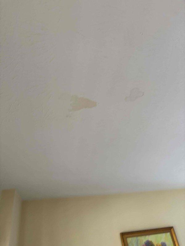 Responded to report of water staining on master bathroom ceiling and dripping faucet in guest bathroom. Inspected ceiling area and documented water damage with visible yellowish-brown discoloration indicating previous moisture infiltration, though no active leak was present at time of inspection. Tested water pressure at heater location, which registered approximately 100 psi on gauge. Evaluated guest bathroom sink faucet and confirmed right handle requires specific positioning to prevent dripping, indicating worn cartridge or valve seat requiring replacement to ensure proper shutoff function. Responded to report of water staining on master bathroom ceiling and dripping faucet in guest bathroom. Inspected ceiling area and documented water damage with visible yellowish-brown discoloration indicating previous moisture infiltration, though no active leak was present at time of inspection. Tested water pressure at heater location, which registered approximately 100 psi on gauge. Evaluated guest bathroom sink faucet and confirmed right handle requires specific positioning to prevent dripping, indicating worn cartridge or valve seat requiring replacement to ensure proper shutoff function.