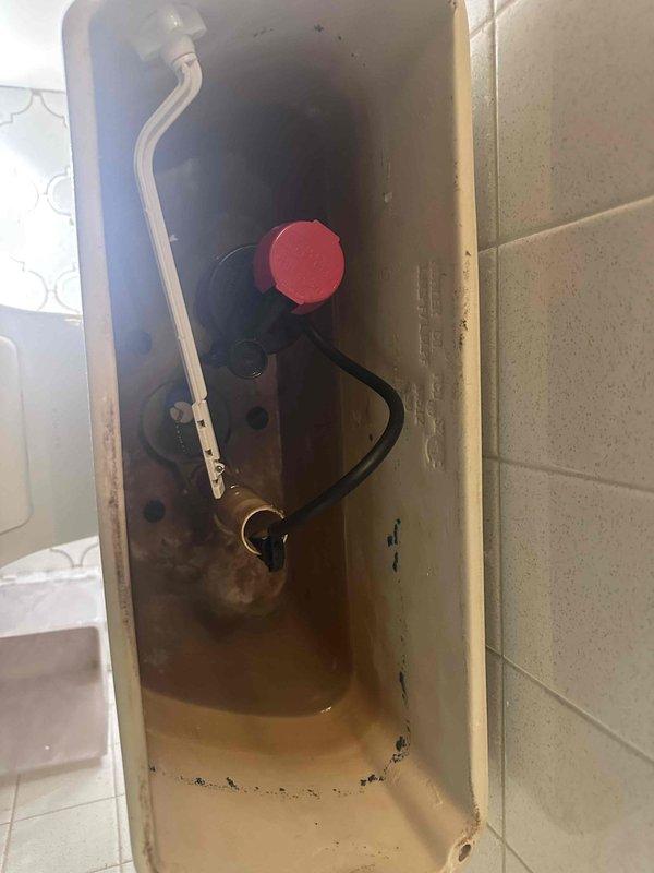 Responded to complaint of upstairs toilet not functioning properly. Upon inspection, found toilet tank with extremely low water level and visible sediment buildup at bottom of tank. Examined flush mechanism components including fill valve assembly with red cap, black cylindrical valve, and overflow tube system. Assessed braided metal supply line and chrome shut-off valve connection from wall to toilet tank, which appeared in good condition. Documented interior tank conditions showing mineral deposits, staining, and discoloration consistent with age and water quality issues affecting proper tank filling and flush operation. Responded to complaint of upstairs toilet not functioning properly. Upon inspection, found toilet tank with extremely low water level and visible sediment buildup at bottom of tank. Examined flush mechanism components including fill valve assembly with red cap, black cylindrical valve, and overflow tube system. Assessed braided metal supply line and chrome shut-off valve connection from wall to toilet tank, which appeared in good condition. Documented interior tank conditions showing mineral deposits, staining, and discoloration consistent with age and water quality issues affecting proper tank filling and flush operation.