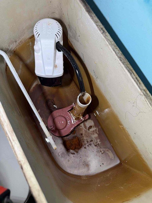 Responded to toilet leak complaint and performed diagnostic inspection of tank components and associated plumbing systems. Upon examination, identified significant mineral buildup and hard water deposits throughout tank interior, indicating chronic water quality issues affecting mechanical operation. Inspected flush valve assembly, flapper mechanism, and float valve system for proper function and seal integrity. Documented condition of tank interior showing extensive staining along waterline and corrosion on brass mounting hardware. Investigated secondary plumbing access panel revealing auxiliary pump mechanism with evidence of water accumulation and sediment buildup in compartment. Assessed thermostatic control valve and associated connections for leaks or failures contributing to reported issue. Captured photographic documentation of both toilet tank interior and pump compartment to support findings and establish baseline condition for future reference. Responded to toilet leak complaint and performed diagnostic inspection of tank components and associated plumbing systems. Upon examination, identified significant mineral buildup and hard water deposits throughout tank interior, indicating chronic water quality issues affecting mechanical operation. Inspected flush valve assembly, flapper mechanism, and float valve system for proper function and seal integrity. Documented condition of tank interior showing extensive staining along waterline and corrosion on brass mounting hardware. Investigated secondary plumbing access panel revealing auxiliary pump mechanism with evidence of water accumulation and sediment buildup in compartment. Assessed thermostatic control valve and associated connections for leaks or failures contributing to reported issue. Captured photographic documentation of both toilet tank interior and pump compartment to support findings and establish baseline condition for future reference.