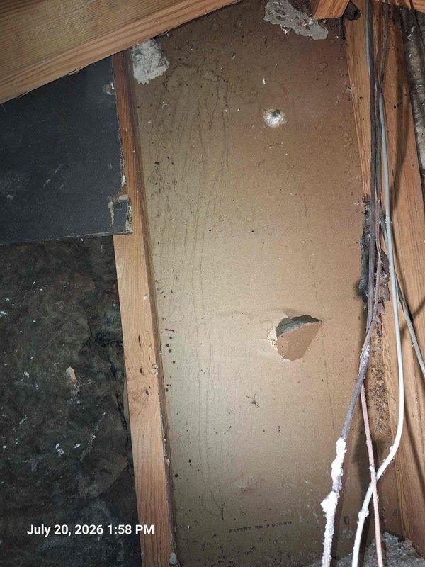 Responded to ceiling leak in split-level residence with no identifiable HVAC or plumbing fixtures directly above affected area. Accessed attic space and documented structural framing, ceiling joists, and surrounding areas. Inspection revealed visible water staining and discoloration on multiple wooden beams, with grayish-white residue present on horizontal framing members indicating moisture intrusion. Located compromised ceiling panel between joists showing significant water damage, staining, and circular penetration point. Documented gaps in framing where insulation material was protruding, suggesting potential entry points for water infiltration. Photographed evidence of deterioration and moisture patterns for further evaluation of leak source and necessary repairs. Responded to ceiling leak in split-level residence with no identifiable HVAC or plumbing fixtures directly above affected area. Accessed attic space and documented structural framing, ceiling joists, and surrounding areas. Inspection revealed visible water staining and discoloration on multiple wooden beams, with grayish-white residue present on horizontal framing members indicating moisture intrusion. Located compromised ceiling panel between joists showing significant water damage, staining, and circular penetration point. Documented gaps in framing where insulation material was protruding, suggesting potential entry points for water infiltration. Photographed evidence of deterioration and moisture patterns for further evaluation of leak source and necessary repairs.