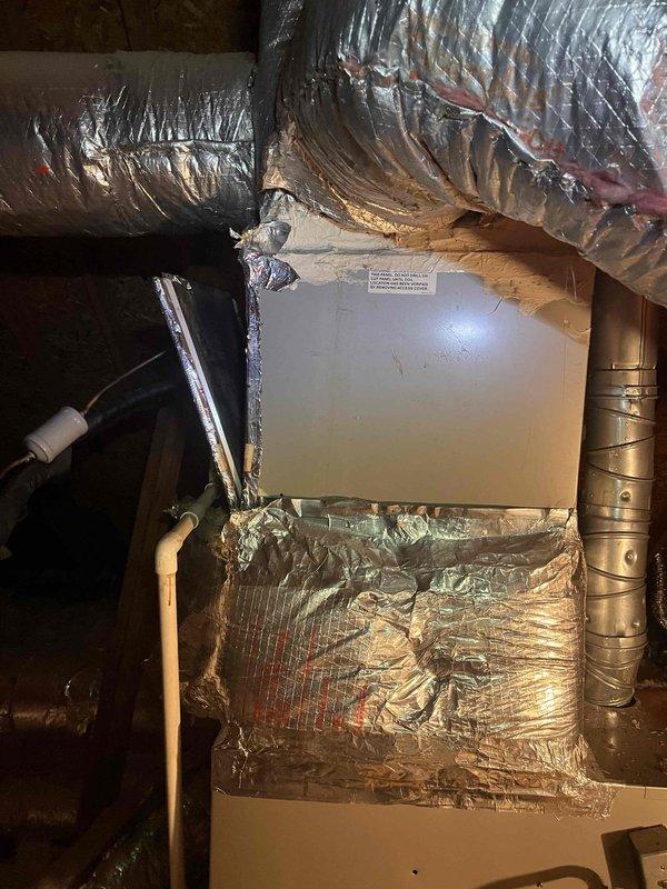Completed comprehensive maintenance on two HVAC systems located in attic space. Inspection revealed significant corrosion on copper refrigerant lines requiring monitoring, along with damaged and deteriorated ductwork insulation in the lower sections of the installation. Both air handler units were serviced, and all accessible components were evaluated for proper operation and structural integrity. Completed comprehensive maintenance on two HVAC systems located in attic space. Inspection revealed significant corrosion on copper refrigerant lines requiring monitoring, along with damaged and deteriorated ductwork insulation in the lower sections of the installation. Both air handler units were serviced, and all accessible components were evaluated for proper operation and structural integrity.