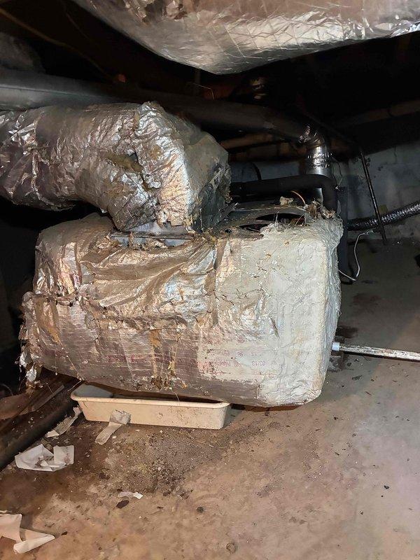 Replaced supply and return air plenums in crawl space HVAC system. Removed old deteriorated ductwork components and installed new metal plenums with proper reflective insulation wrapping. Secured all ductwork connections with metal clamps and straps to ensure airtight seal and proper system performance. Replaced supply and return air plenums in crawl space HVAC system. Removed old deteriorated ductwork components and installed new metal plenums with proper reflective insulation wrapping. Secured all ductwork connections with metal clamps and straps to ensure airtight seal and proper system performance.