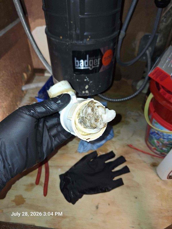 Responded to clogged kitchen sink with complete drainage failure affecting both the sink and dishwasher discharge. Upon inspection, identified severely corroded and mineral-encrusted PVC tailpiece fitting beneath the sink causing the blockage. Removed the deteriorated fitting, which showed significant brownish-yellow buildup and water damage staining. Cleared the drain line, replaced the damaged PVC component with new fitting, and verified proper drainage from both the sink and garbage disposal unit. System restored to full operational capacity. Responded to clogged kitchen sink with complete drainage failure affecting both the sink and dishwasher discharge. Upon inspection, identified severely corroded and mineral-encrusted PVC tailpiece fitting beneath the sink causing the blockage. Removed the deteriorated fitting, which showed significant brownish-yellow buildup and water damage staining. Cleared the drain line, replaced the damaged PVC component with new fitting, and verified proper drainage from both the sink and garbage disposal unit. System restored to full operational capacity.