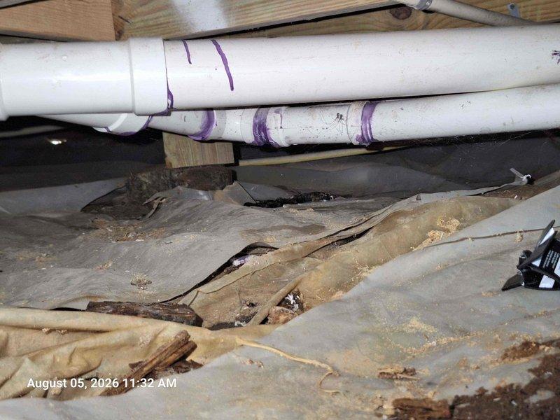 Performed comprehensive crawlspace inspection to identify source of reported leak and verify integrity of all plumbing connections. Inspected horizontal PVC drainage lines secured with support straps along floor joists, examining all visible connection points and joints for signs of moisture intrusion or compromised seals. Documented condition of exposed plumbing infrastructure including corrugated flex tubing and associated components in confined utility access areas. Noted deteriorated insulation material showing evidence of compression, moisture exposure, and accumulated debris beneath drainage lines. All accessible pipe connections and fittings were visually examined for active leaks, water staining, or structural concerns. Photographic documentation captured for customer records showing current state of crawlspace plumbing system and surrounding conditions. Performed comprehensive crawlspace inspection to identify source of reported leak and verify integrity of all plumbing connections. Inspected horizontal PVC drainage lines secured with support straps along floor joists, examining all visible connection points and joints for signs of moisture intrusion or compromised seals. Documented condition of exposed plumbing infrastructure including corrugated flex tubing and associated components in confined utility access areas. Noted deteriorated insulation material showing evidence of compression, moisture exposure, and accumulated debris beneath drainage lines. All accessible pipe connections and fittings were visually examined for active leaks, water staining, or structural concerns. Photographic documentation captured for customer records showing current state of crawlspace plumbing system and surrounding conditions.