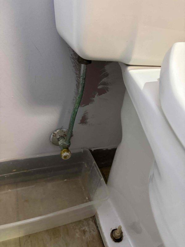 # Toilet Supply Line Replacement and Leak Repair
Responded to service call for running toilets. Upon inspection, discovered failed toilet supply line with significant water damage evidenced by rust-colored staining on wall surfaces and mineral deposits on plumbing components. The existing braided supply line showed signs of deterioration and corrosion at connection points.
Removed deteriorated supply line and cleaned mineral buildup from valve connections and fittings. Installed new flexible braided supply line with proper compression fittings to ensure watertight seal. Tested system for proper operation and verified no active leaks at wall connection or toilet tank connection points. # Toilet Supply Line Replacement and Leak Repair
Responded to service call for running toilets. Upon inspection, discovered failed toilet supply line with significant water damage evidenced by rust-colored staining on wall surfaces and mineral deposits on plumbing components. The existing braided supply line showed signs of deterioration and corrosion at connection points.
Removed deteriorated supply line and cleaned mineral buildup from valve connections and fittings. Installed new flexible braided supply line with proper compression fittings to ensure watertight seal. Tested system for proper operation and verified no active leaks at wall connection or toilet tank connection points.