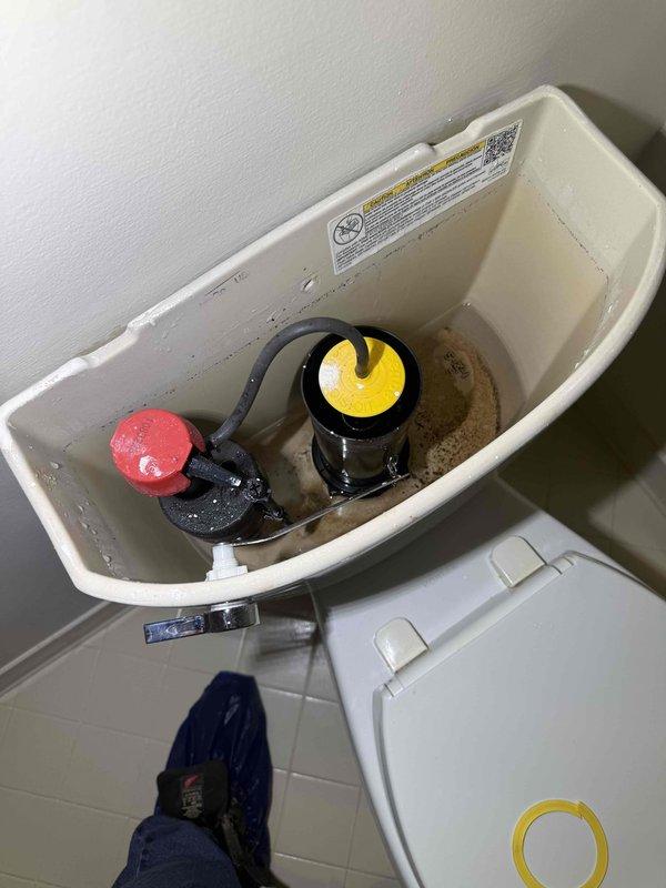 Responded to service call for running toilet. Upon inspection, found toilet tank continuously filling due to faulty flapper valve seal. Removed tank lid and identified worn yellow flapper seal on flush valve assembly causing water to leak from tank into bowl. Float mechanism and fill valve appeared functional with proper water level settings. Documented existing conditions including mineral deposits in tank and component configuration. Toilet restored to proper operation with flapper replacement, eliminating continuous water flow and resolving running toilet issue. Responded to service call for running toilet. Upon inspection, found toilet tank continuously filling due to faulty flapper valve seal. Removed tank lid and identified worn yellow flapper seal on flush valve assembly causing water to leak from tank into bowl. Float mechanism and fill valve appeared functional with proper water level settings. Documented existing conditions including mineral deposits in tank and component configuration. Toilet restored to proper operation with flapper replacement, eliminating continuous water flow and resolving running toilet issue.