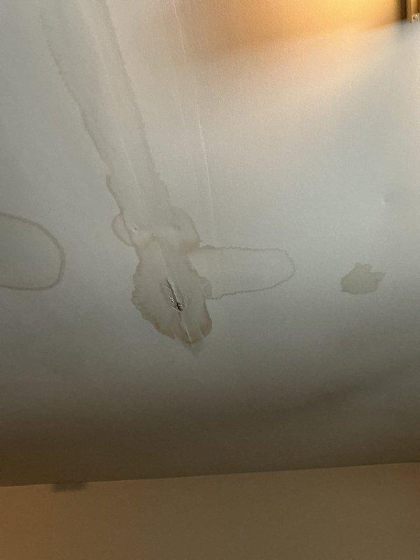 Responded to emergency leak in ceiling originating from second-floor laundry room. Upon arrival, documented extensive water damage to first-floor ceiling with multiple brownish stains, visible moisture intrusion patterns, and compromised drywall with breakthrough point in center section. Inspected laundry room above to identify source, examining washing machine connections, utility sink plumbing, and supply line routing. Photographed affected areas including ceiling damage and laundry room configuration for insurance documentation and repair planning. Responded to emergency leak in ceiling originating from second-floor laundry room. Upon arrival, documented extensive water damage to first-floor ceiling with multiple brownish stains, visible moisture intrusion patterns, and compromised drywall with breakthrough point in center section. Inspected laundry room above to identify source, examining washing machine connections, utility sink plumbing, and supply line routing. Photographed affected areas including ceiling damage and laundry room configuration for insurance documentation and repair planning.