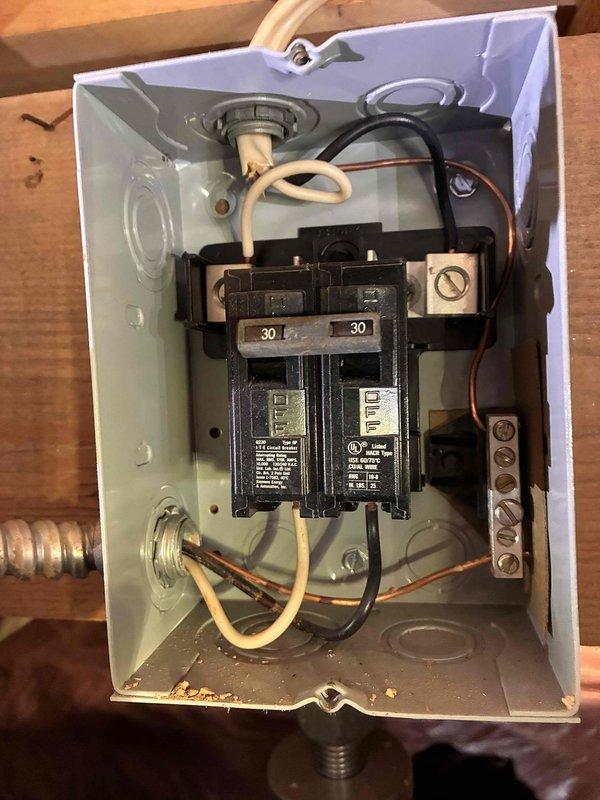 Atlanta, GA - Responded to service call for reported breaker issue. Upon inspection, located electrical subpanel mounted in utility area containing two 30-amp circuit breakers with standard residential wiring connections to terminal blocks and neutral bar. Performed visual assessment of panel components, wire connections, and breaker operation to diagnose the reported electrical concern. Atlanta, GA - Responded to service call for reported breaker issue. Upon inspection, located electrical subpanel mounted in utility area containing two 30-amp circuit breakers with standard residential wiring connections to terminal blocks and neutral bar. Performed visual assessment of panel components, wire connections, and breaker operation to diagnose the reported electrical concern.