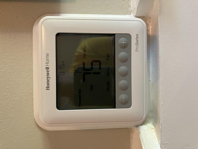Responded to customer concern regarding unreliable cooling calls from EcoBee smart thermostat on main floor. Removed existing EcoBee unit and installed Honeywell Home Pro Series digital thermostat to match existing thermostats on other levels of the residence. Verified proper wiring connections, tested heating and cooling functions, and confirmed reliable system operation upon completion. Responded to customer concern regarding unreliable cooling calls from EcoBee smart thermostat on main floor. Removed existing EcoBee unit and installed Honeywell Home Pro Series digital thermostat to match existing thermostats on other levels of the residence. Verified proper wiring connections, tested heating and cooling functions, and confirmed reliable system operation upon completion.