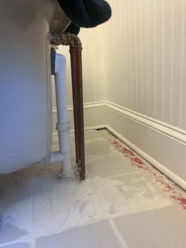 Atlanta, GA - Completed first-call assessment for new bathtub installation requiring shut off valve and drain shoe. Documented existing plumbing configuration showing white PVC and copper supply lines running vertically along wall corner in preparation area. Customer consultation confirmed requirements for proper fixture isolation and drainage components to support upcoming tub installation. Atlanta, GA - Completed first-call assessment for new bathtub installation requiring shut off valve and drain shoe. Documented existing plumbing configuration showing white PVC and copper supply lines running vertically along wall corner in preparation area. Customer consultation confirmed requirements for proper fixture isolation and drainage components to support upcoming tub installation.