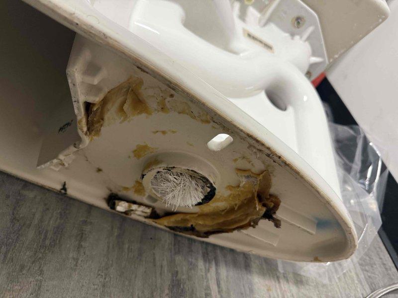 Responded to service call for clogged toilet. Upon inspection, discovered the fixture was actually a household appliance with severe drainage blockage caused by extensive buildup of organic matter, mineral deposits, and mold growth within the drain opening and surrounding areas. Removed accumulated debris and fibrous material from the circular drainage port, cleaned contaminated surfaces showing yellowish-brown staining, and addressed fungal growth present in the drainage system. Restored proper drainage function to the unit. Responded to service call for clogged toilet. Upon inspection, discovered the fixture was actually a household appliance with severe drainage blockage caused by extensive buildup of organic matter, mineral deposits, and mold growth within the drain opening and surrounding areas. Removed accumulated debris and fibrous material from the circular drainage port, cleaned contaminated surfaces showing yellowish-brown staining, and addressed fungal growth present in the drainage system. Restored proper drainage function to the unit.