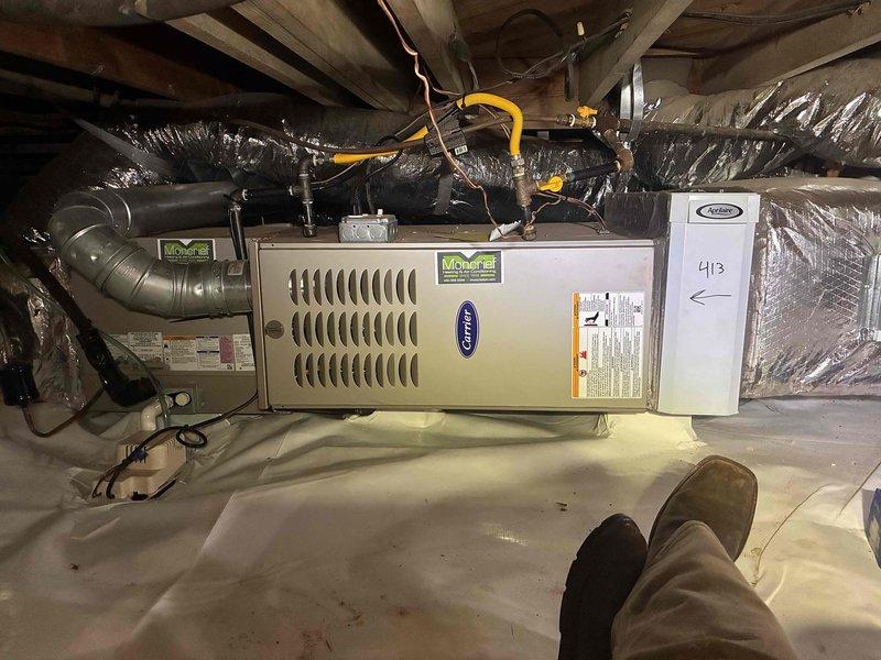 Completed scheduled maintenance on Carrier furnace system located in crawl space. Performed comprehensive inspection of horizontal furnace unit, including verification of proper operation, examination of all accessible components, and documentation of system condition. Inspected flexible ductwork and reflective insulation throughout the crawl space, verifying secure connections and proper insulation tape application on all duct sections. All systems found to be operating within normal parameters with no immediate service requirements identified. Completed scheduled maintenance on Carrier furnace system located in crawl space. Performed comprehensive inspection of horizontal furnace unit, including verification of proper operation, examination of all accessible components, and documentation of system condition. Inspected flexible ductwork and reflective insulation throughout the crawl space, verifying secure connections and proper insulation tape application on all duct sections. All systems found to be operating within normal parameters with no immediate service requirements identified.