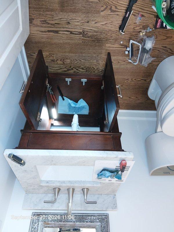 Completed installation of special order faucet replacements on bathroom vanity with marble countertop. Additionally installed customer-supplied toilet fixture. All plumbing connections tested and verified for proper operation with no leaks detected. Completed installation of special order faucet replacements on bathroom vanity with marble countertop. Additionally installed customer-supplied toilet fixture. All plumbing connections tested and verified for proper operation with no leaks detected.
