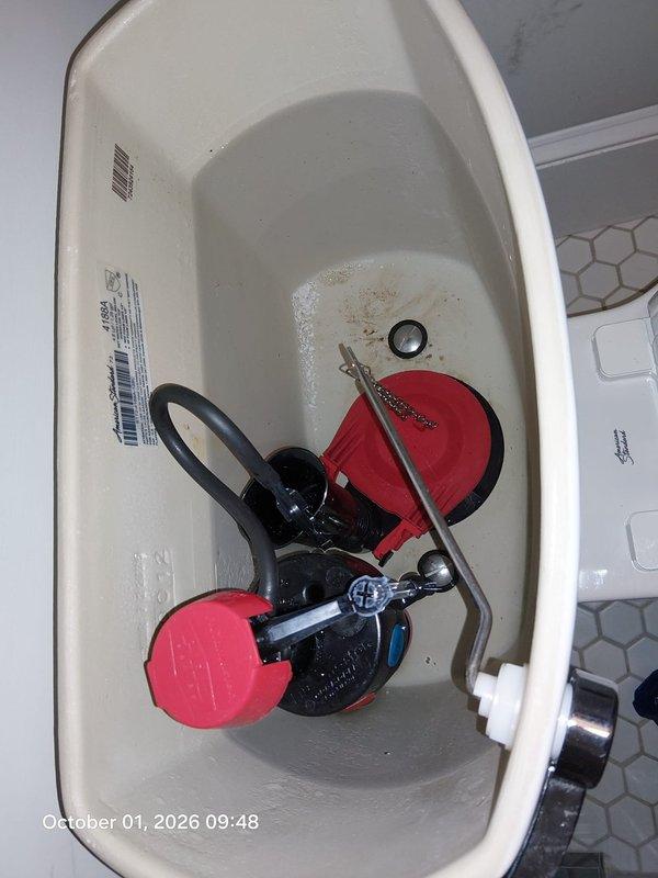 Performed follow-up inspection on malfunctioning toilet. Documented internal tank components including flush valve assembly, dual red rubber flappers, chain mechanism, and fill valve showing signs of mineral deposits and wear. Issue remains unresolved and requires further diagnostic work or component replacement to restore proper flushing function. Performed follow-up inspection on malfunctioning toilet. Documented internal tank components including flush valve assembly, dual red rubber flappers, chain mechanism, and fill valve showing signs of mineral deposits and wear. Issue remains unresolved and requires further diagnostic work or component replacement to restore proper flushing function.